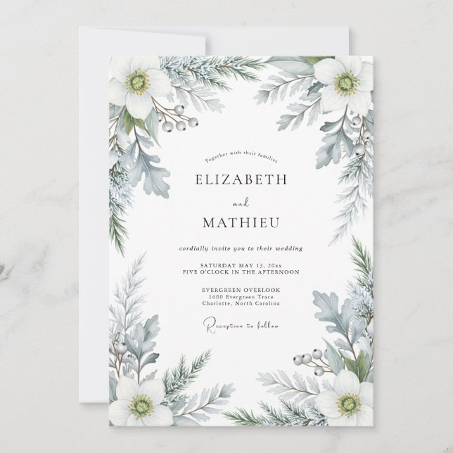 Invitation Mariage d'hiver sublime bleu poussiéreux (Devant)