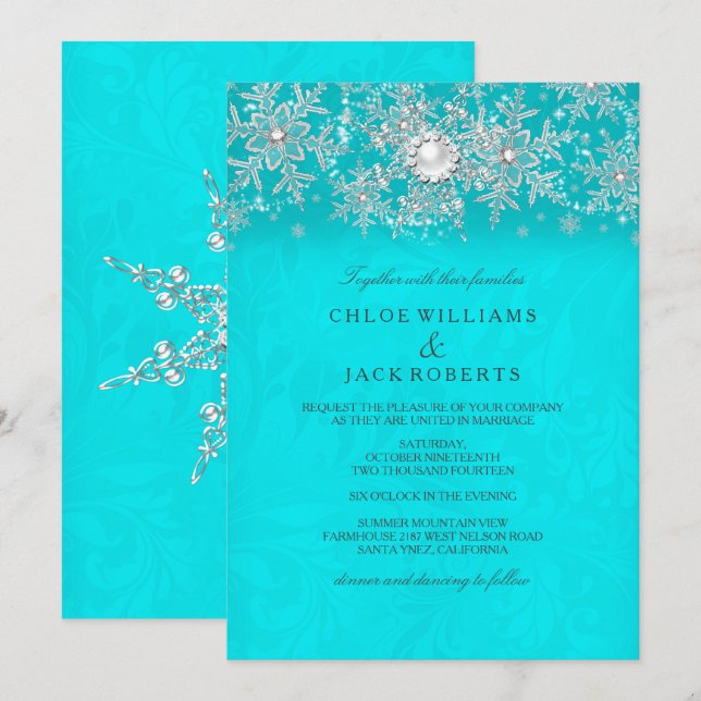 Invitation Mariage d'Hiver Teal Cristal Perle Flocon de Neige (Devant / Derrière)