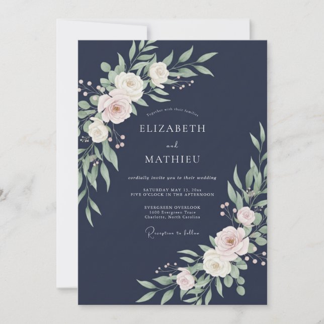 Invitation Mariage d'hiver traditionnel bleu marine (Devant)