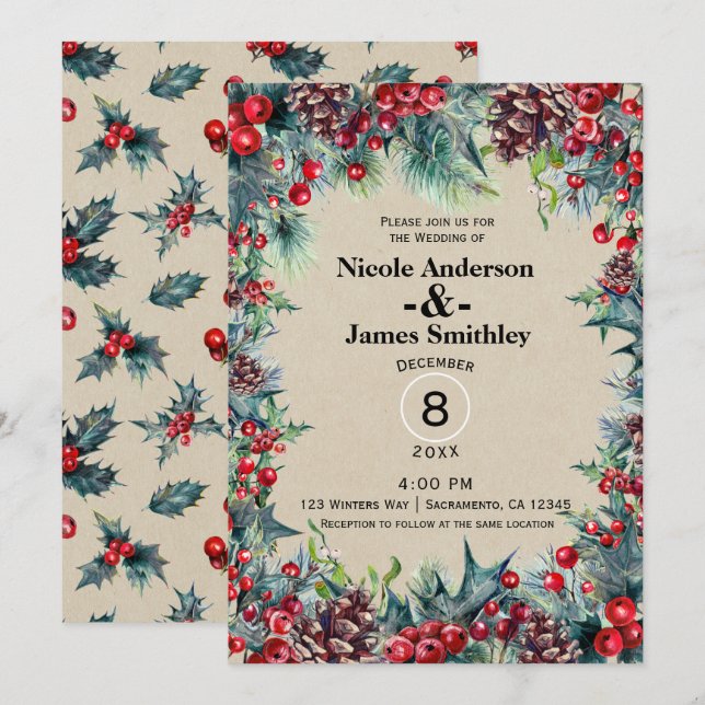 Invitation Mariage d'hiver Vacances Baies de Noël Cône de pin (Devant / Derrière)