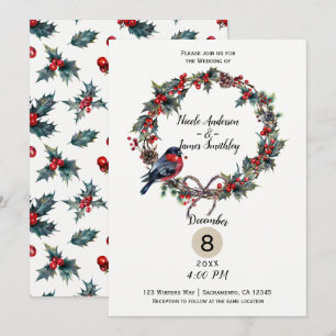 Invitation Mariage d'hiver Vacances de Noël Houx Baie Oiseau