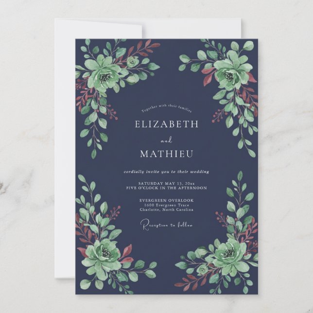 Invitation Mariage d'hiver verdoyant bleu marine (Devant)