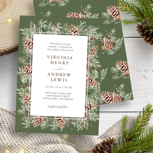 Invitation Mariage d'hiver vert élégant (Elegant Green Pinecone Winter Outdoor Wedding Invitation by Painted Paperie
)