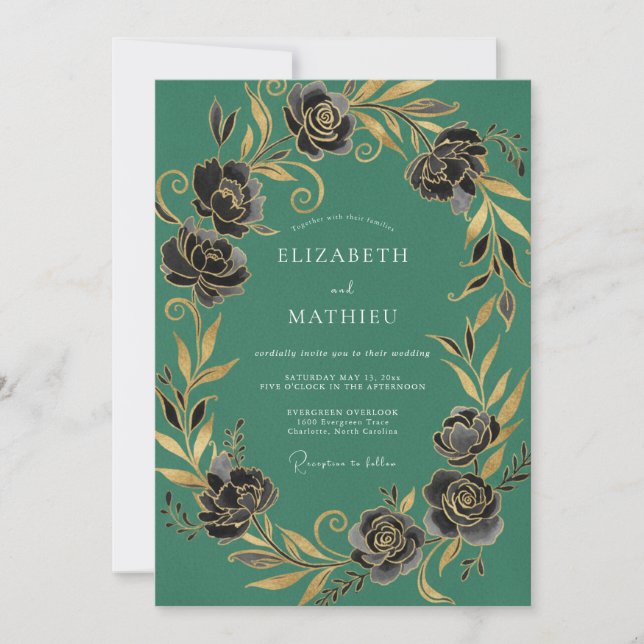 Invitation Mariage d'hiver vert émeraude doré (Devant)