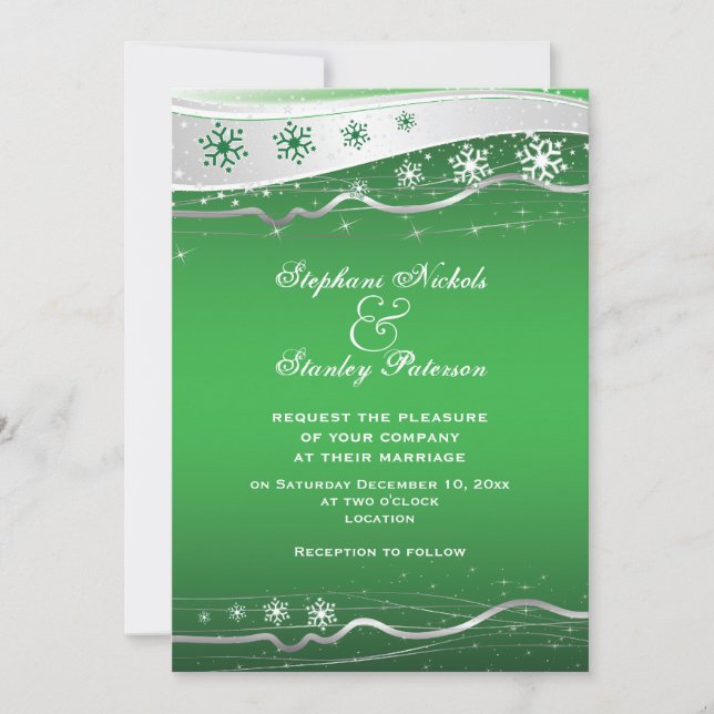 Invitation Mariage d'hiver vert, gris argenté (Devant)