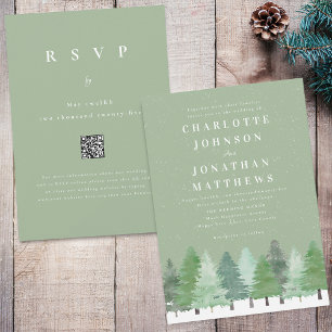 Invitation Mariage d'hiver Vert Sauge Code QR Forêt Moderne