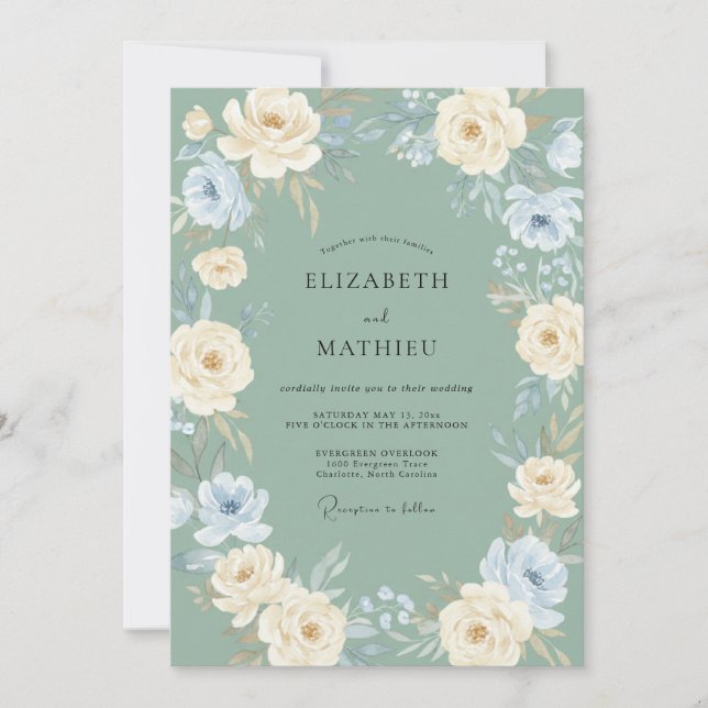 Invitation Mariage d'hiver vert sauge peint à la main (Devant)