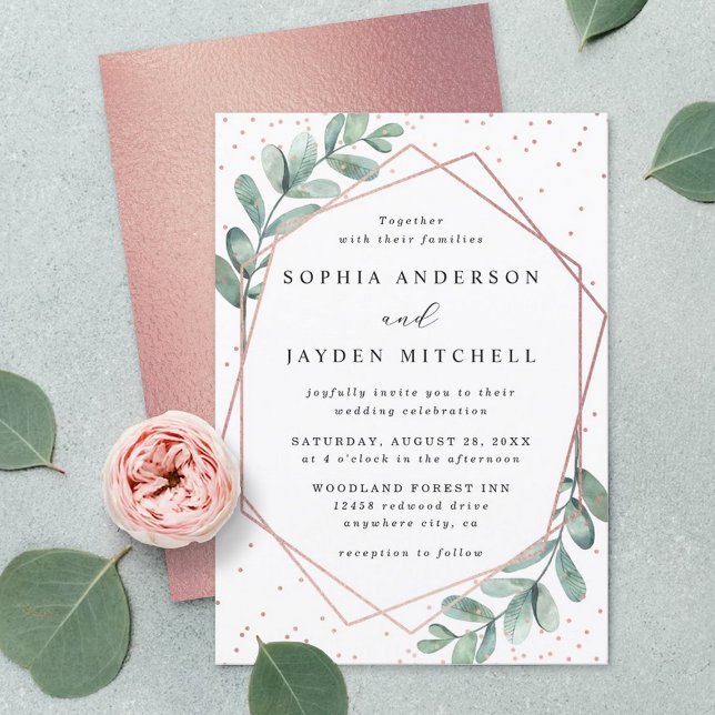 Invitation Mariage d'huile d'or Eucalyptus Rose géométrique (Créateur téléchargé)