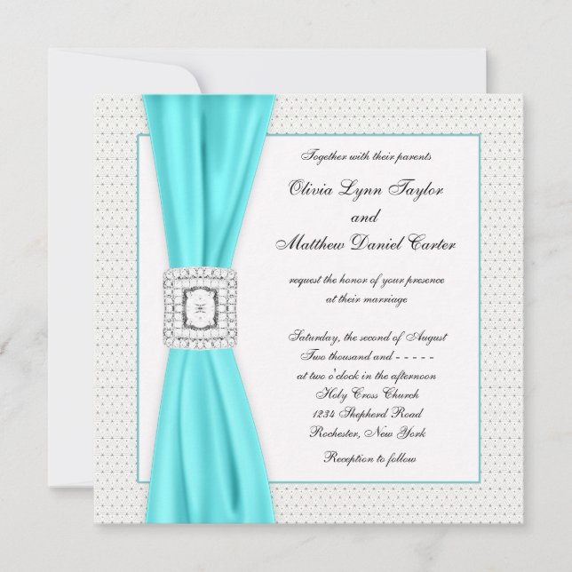 Invitation Mariage Diamant Bleu Turquoise Ivoire (Devant)