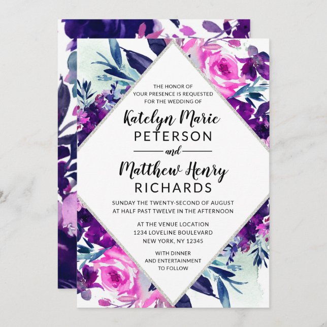 Invitation Mariage diamant d'aquarelle violet floral enchanté (Devant / Derrière)