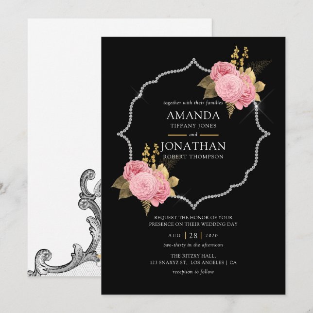Invitation Mariage diamant flou et or et argent (Devant / Derrière)