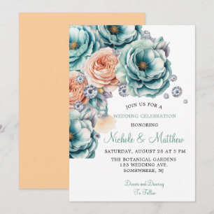 Invitation Mariage diamant Turquoise et Pêche Rose