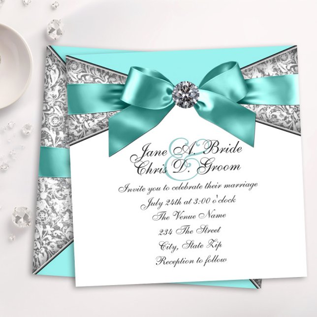Invitation Mariage Diamants Blancs Bleu Canard (Elegant teal blue diamond wedding invitation. )