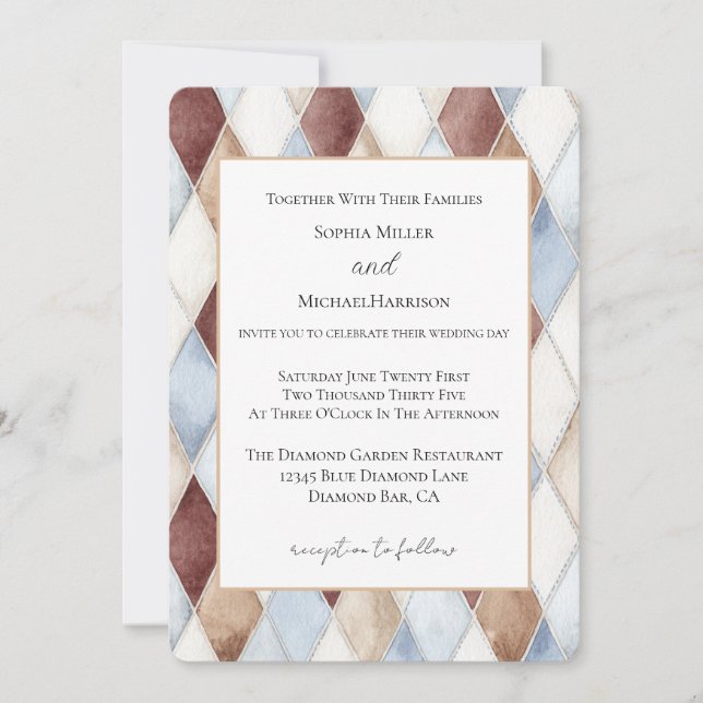 Invitation Mariage Diamants Brun Crème Bleu Joli (Devant)