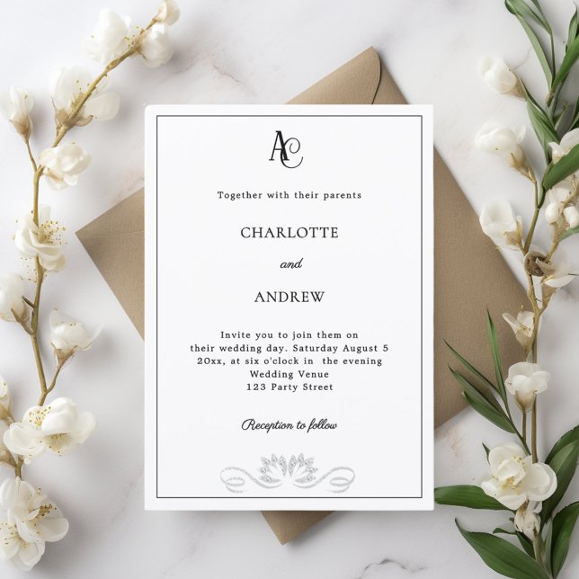 Invitation Mariage diamants monogramme moderne noir blanc (Créateur téléchargé)
