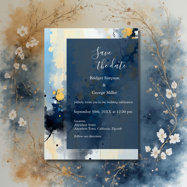 Invitation mariage d'illustration Abstrait Blue & Gold Ink (Créateur téléchargé)
