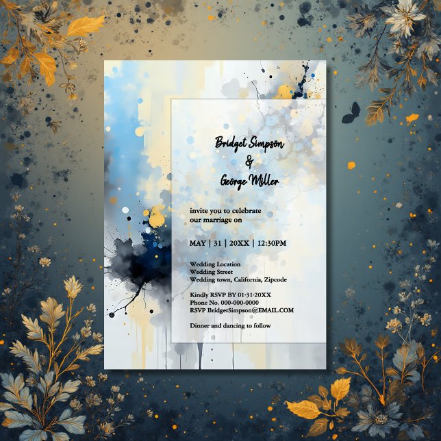 Invitation mariage d'illustration Abstrait Blue & Gold Ink (Créateur téléchargé)
