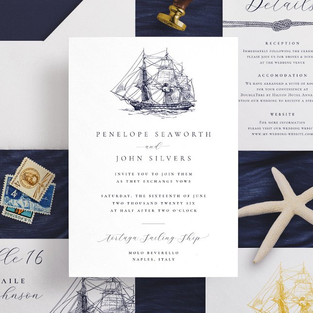 Invitation Mariage d'illustration de navire nautique minimal  (Elegant wedding invitation with illustration of a sailing ship)
