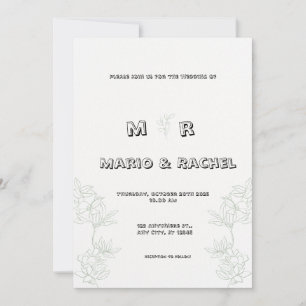 Invitation Mariage d'illustration florale simple en noir et b