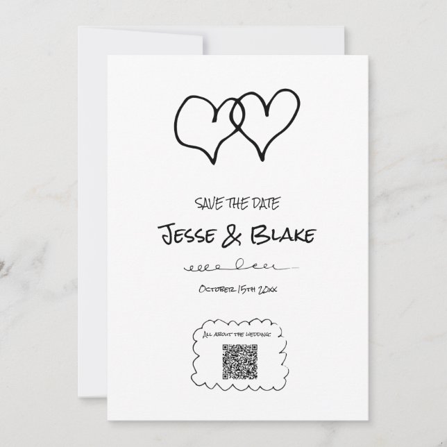 Invitation Mariage d'illustrations de Doodle en noir et blanc (Devant)