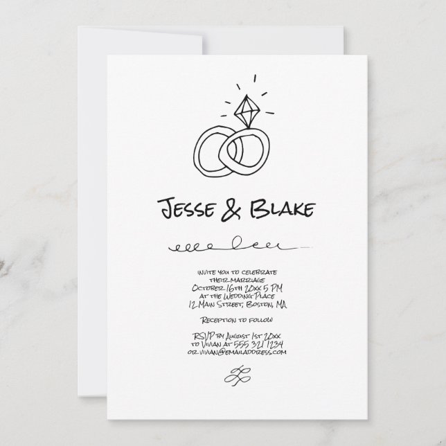 Invitation Mariage d'illustrations de Doodle en noir et blanc (Devant)