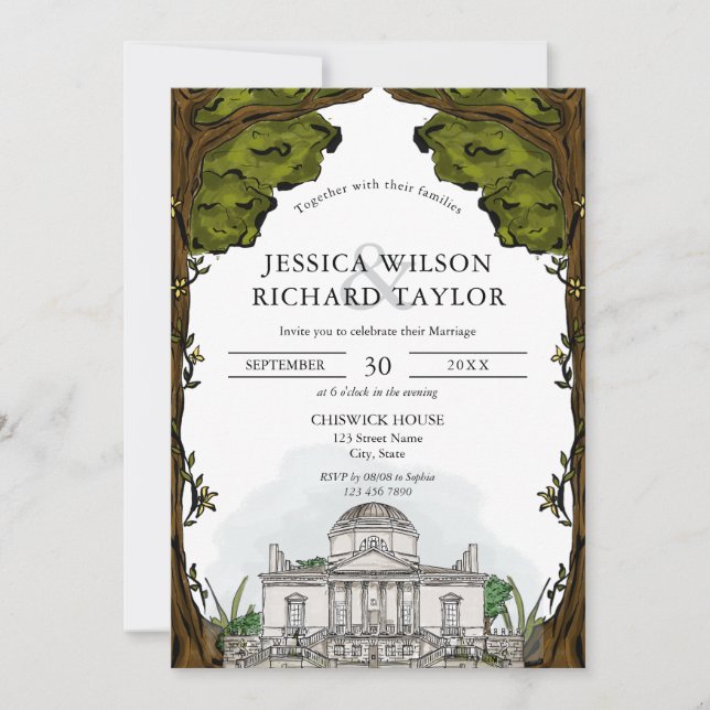 Invitation Mariage d'illustrations de lieu dessiné à la main  (Devant)