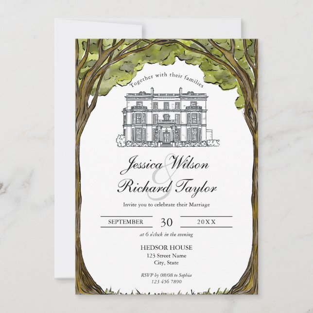 Invitation Mariage d'illustrations du manoir de lieu dessiné  (Devant)