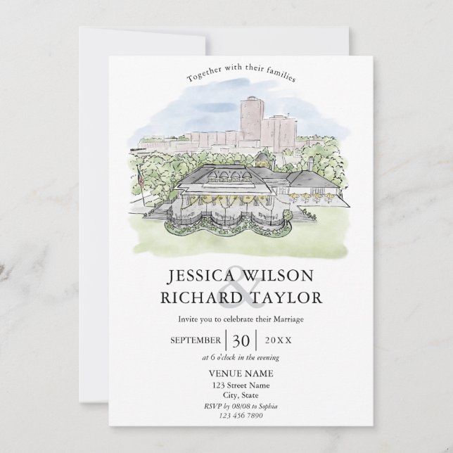 Invitation Mariage d'illustrations du manoir de lieu dessiné  (Devant)