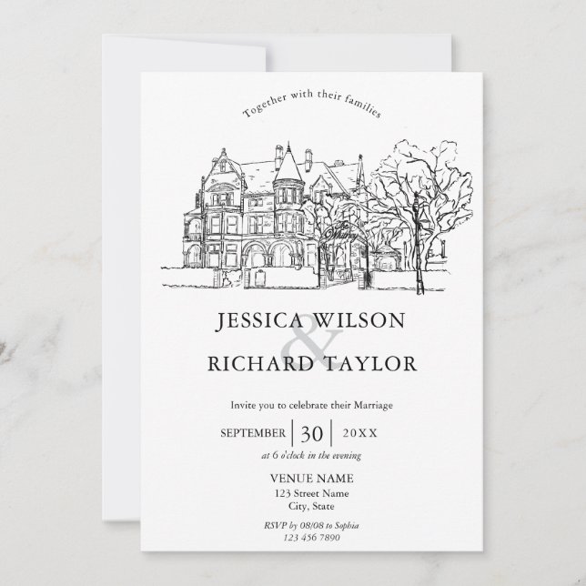 Invitation Mariage d'illustrations du manoir de lieu dessiné  (Devant)