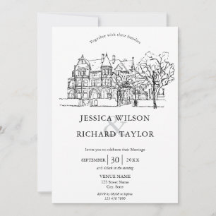 Invitation Mariage d'illustrations du manoir de lieu dessiné 