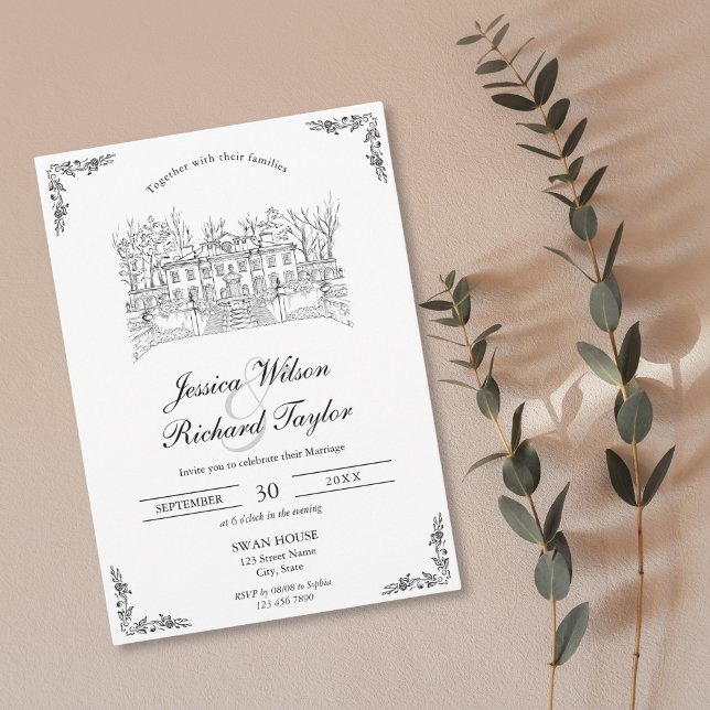 Invitation Mariage d'illustrations du manoir de lieu dessiné  (classic hand drawn wedding venue invitation, swan house usa)