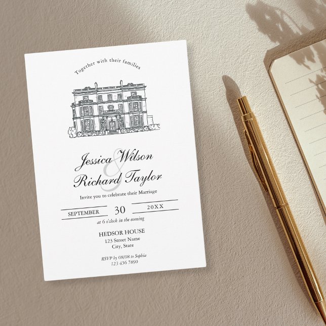 Invitation Mariage d'illustrations du manoir de lieu dessiné  (custom wedding venue illustration)