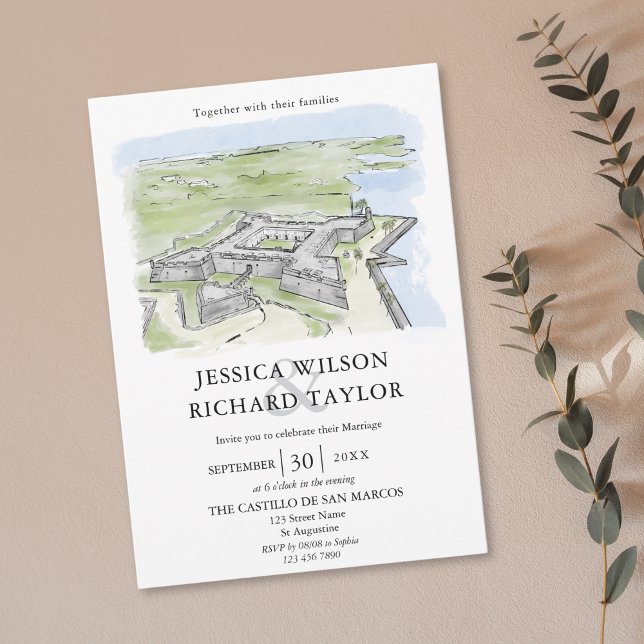 Invitation Mariage d'illustrations du manoir de lieu dessiné  (castello de san marcos watercolor wedding invitation)