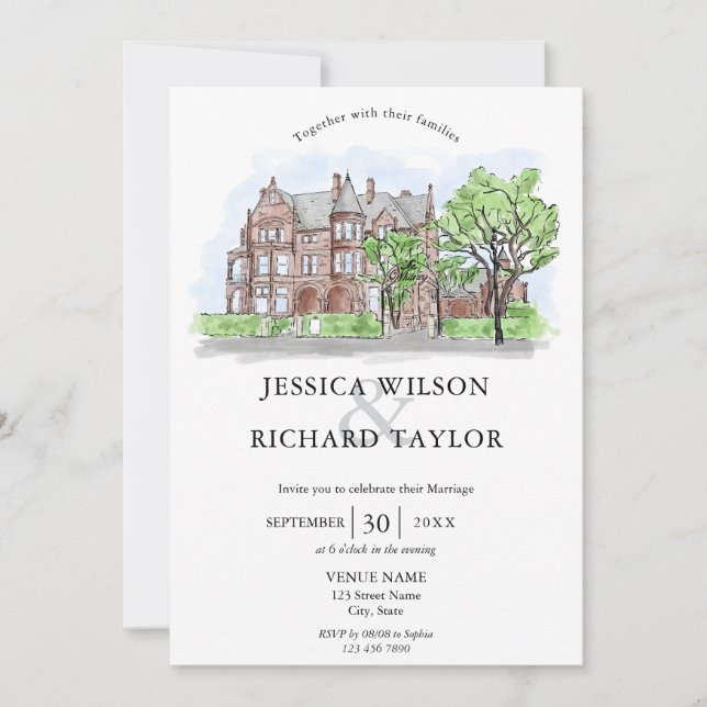 Invitation Mariage d'illustrations du manoir de lieu dessiné  (Devant)