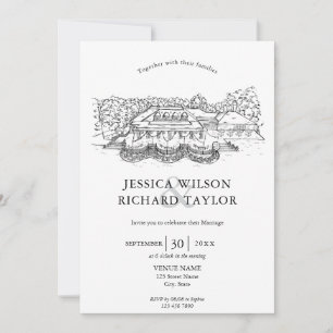 Invitation Mariage d'illustrations du manoir de lieu dessiné 