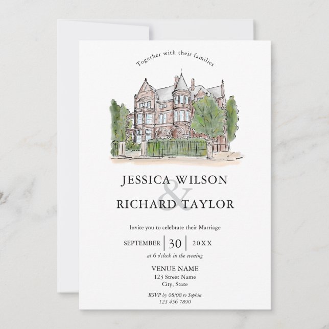 Invitation Mariage d'illustrations du manoir de lieu dessiné  (Devant)