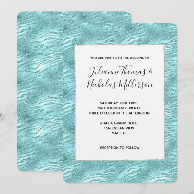 Invitation Mariage d'impression Glitzy Mint Zebra (Devant / Derrière)