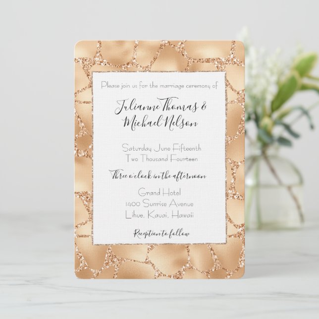 Invitation Mariage d'impression Glitzy Peach Gold (Debout devant)