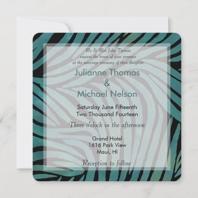 Invitation Mariage d'impression turquoise Zebra (Devant)