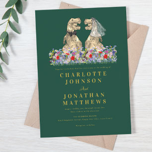 Invitation Mariage dinosaure boho fleur sauvage vert et or