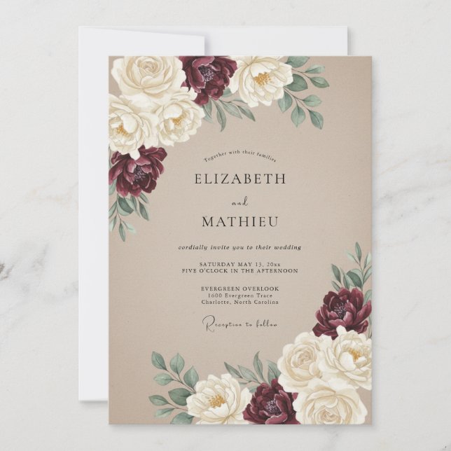 Invitation Mariage Distingué de Bourgogne Vintage (Devant)