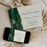 Invitation Mariage d'ivoire moderne Emerald Green Gold Agate<br><div class="desc">Le bord gauche de cette élégante faire-part de mariage moderne est orné d'une bordure en aquarelle vert émeraude, recouverte d'une parties scintillant en faux or. Le texte personnalisable combine écriture manuscrite verte, copperplate et polices italiques sur un arrière - plan ivoire. L'envers est assorti d'une agate vert émeraude et or....</div>