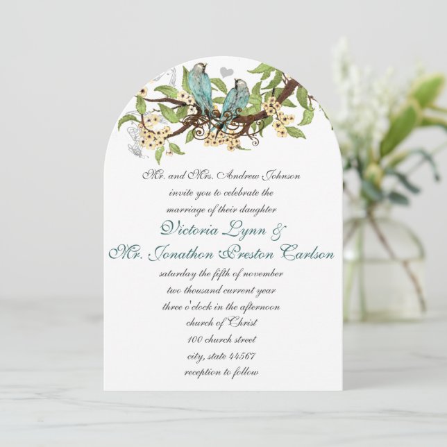 Invitation Mariage d'oiseau sarcelle bleu aqua et jaune (Debout devant)
