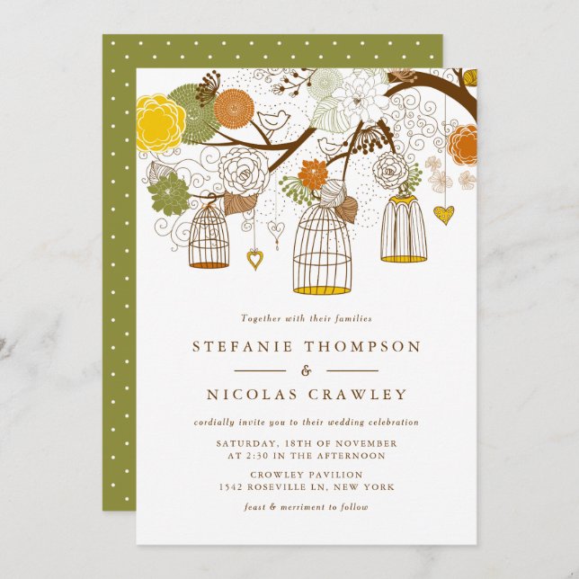 Invitation Mariage d'oiseaux à pendaison orange et jaune (Devant / Derrière)