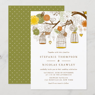Invitation Mariage d'oiseaux à pendaison orange et jaune