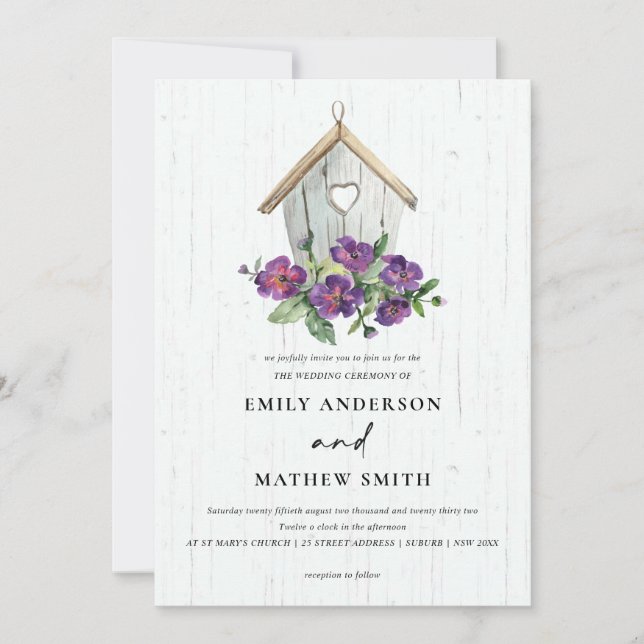 INVITATION MARIAGE D'OISEAUX FLORAUX EN BOIS BLANC (Devant)