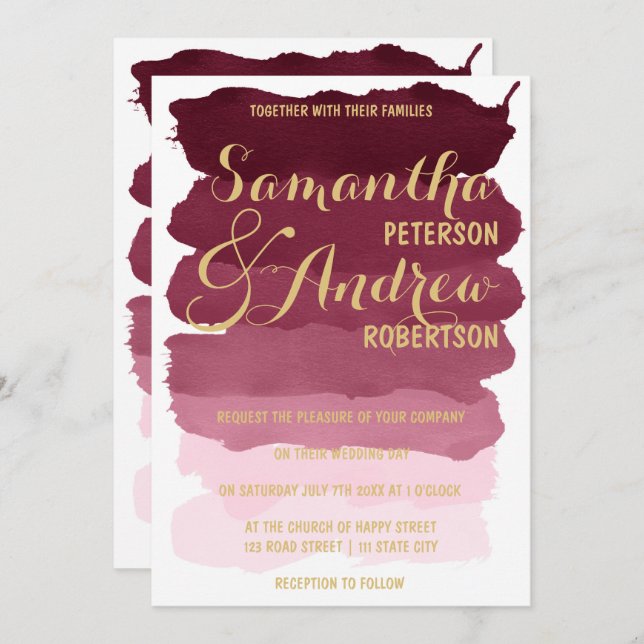 Invitation Mariage d'ombre d'aquarelle de brushstrok de (Devant / Derrière)