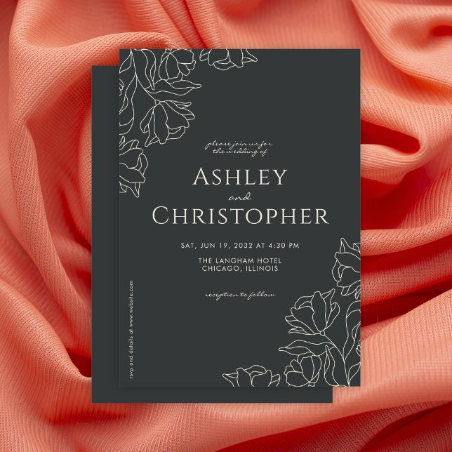 Invitation Mariage d'onyx noir floral dessiné moderne (Créateur téléchargé)