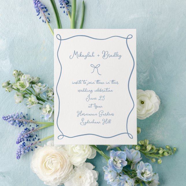 Invitation Mariage Doodle Nœud & Ruban Bleu Poussiéreux (Créateur téléchargé)