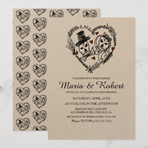 Invitation Mariage doodle squelette noir et blanc gothique 
